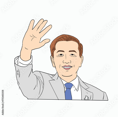 Cheerful and Professional Businessman Waving a Friendly Greeting with a Raised Hand in a Stylish Suit and Blue Tie Cartoon Illustration