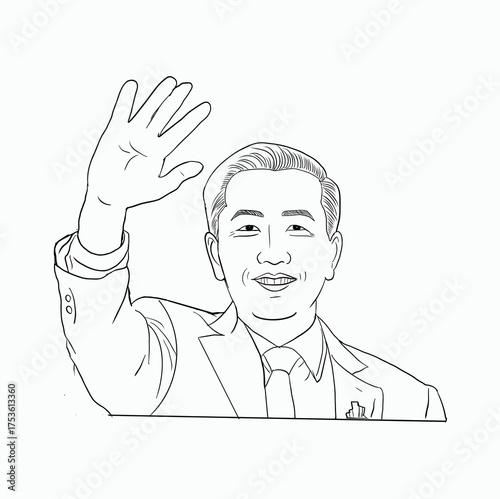 Cheerful and Confident Businessman Waving a Friendly Greeting in a Professional Suit and Tie with a Warm Smile