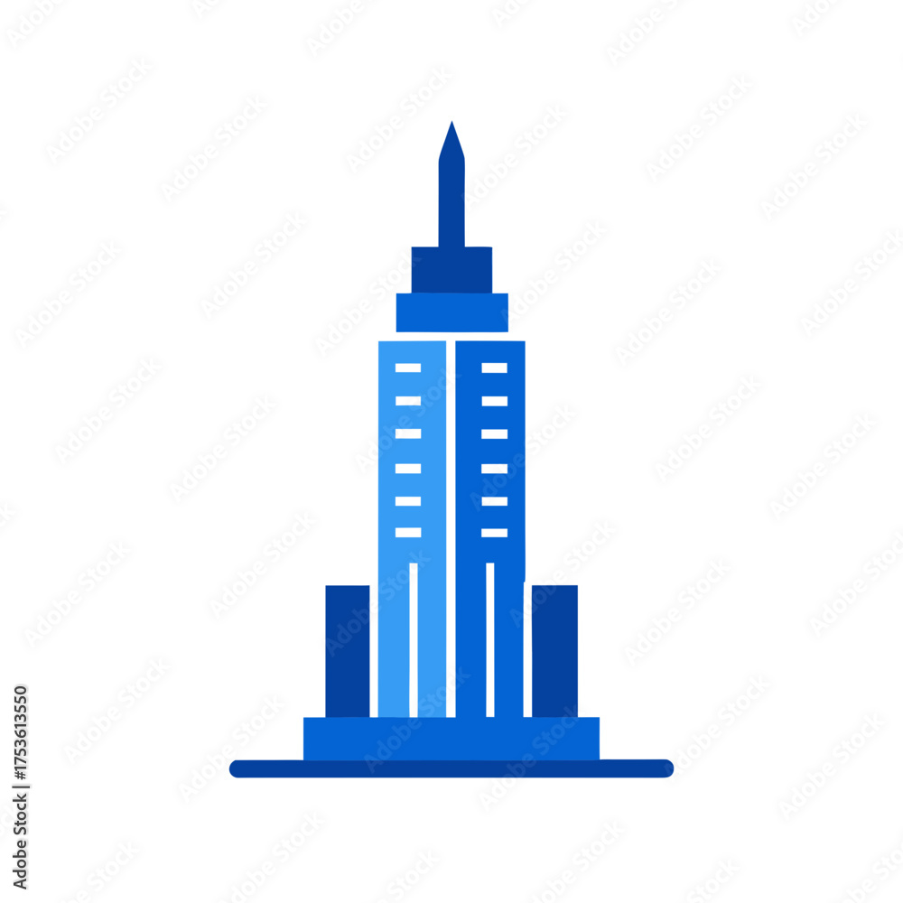 Fototapeta premium Illustration of a tall blue skyscraper with a spire on transparent background