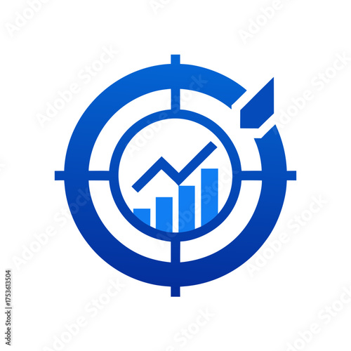 Blue target with bar graph and line graph in center on transparent background