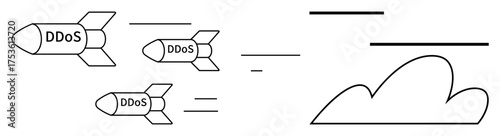 Rockets labeled DDoS advancing toward a cloud, representing a cyberattack on cloud infrastructure. Ideal for cybersecurity, cloud defense, online threat management, IT risk, digital security, hacking