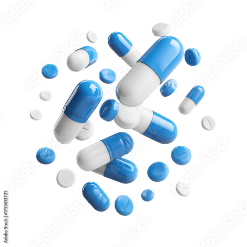 Blue and white pills floating in air