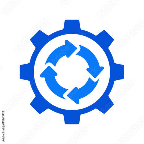 Blue gear with circular arrows inside the center on transparent background