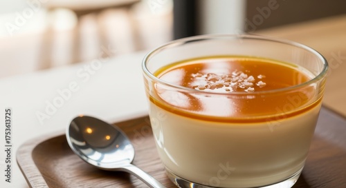 A creamy dessert in a glass bowl topped with caramel, served with a silver spoon on a wooden tray, showcasing a decadent treat.