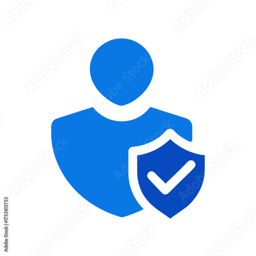 Blue person icon with shield and check mark beside it on transparent background