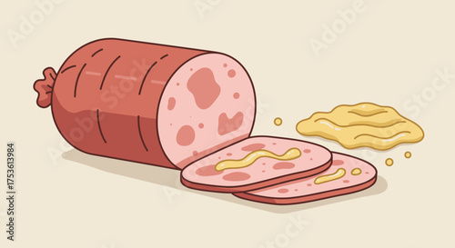 Sliced sausage with mustard illustration in pink and beige for food packaging