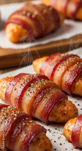 Crispy bacon-wrapped snacks, steaming hot and seasoned, ready to delight taste buds with savory flavors.