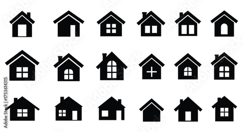 Collection of simple black house icons with varying roof designs