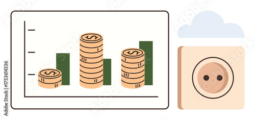 Gold coin stacks on bar chart signify growth, paired with a saving jar emphasizing wealth accumulation and financial planning. Ideal for business, economy, investment, savings, finance, budgeting