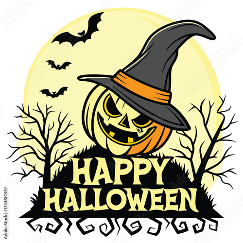 Spooky jack-o-lantern with witch hat and bats happy halloween vector