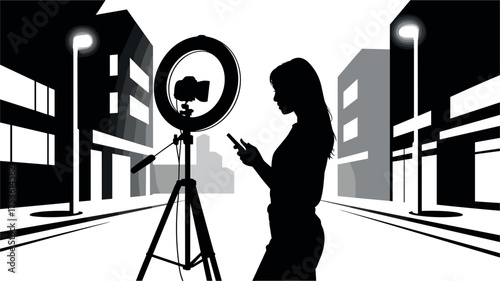 Silhouette woman with ring light and phone on city street