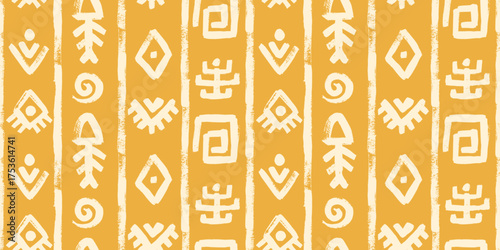 Ethnic seamless vector drawing with vertical lines swirl, fish bone and eye motifs. Handcrafted traditional tropical wallpaper design using beige wax crayon, charcoal and white ink brush strokes