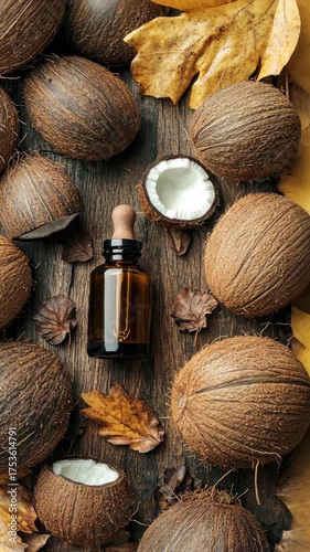coconut essential oil in a bottle. Selective focus. Nature.