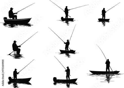Fishing silhouettes, boat fishing, angler motion, outdoor recreation, water sport, leisure activity, fishing rod, nature lifestyle, reflection scene, peaceful hobby