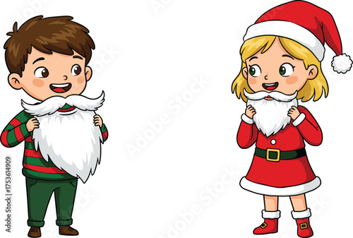 Christmas children illustration, Santa costume, festive dress up, holiday celebration, playful kids, winter season, family joy, vector art, decoration design