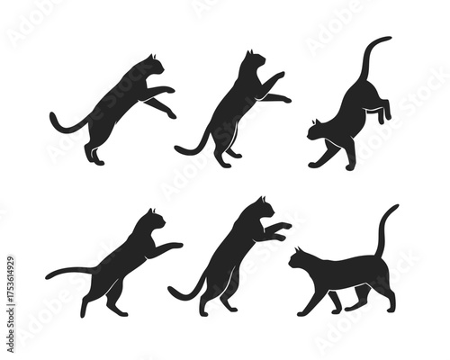Black Cat Silhouettes in Various Poses Playing Jumping and Walking Isolated on White Background Animal Vector Illustration Set