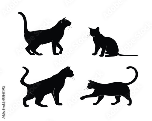Elegant Black Cat Silhouettes in Various Poses on White Background Pet Illustrations for Animal Lovers and Creative Projects