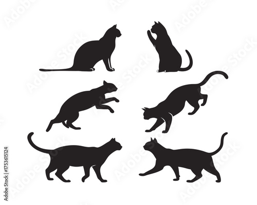 Elegant Black Cat Silhouette Collection on White Background Featuring Domestic Felines in Various Poses for Creative Designs