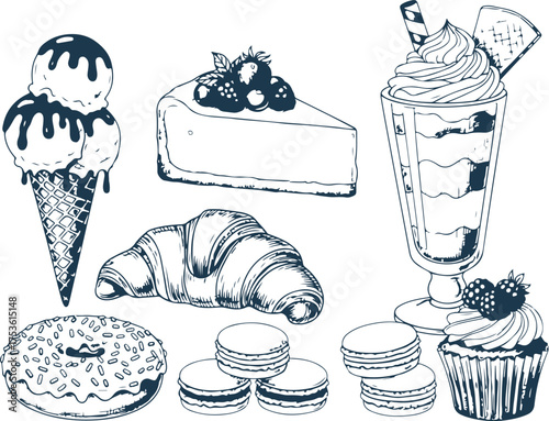 Vector art of collection of sweet desserts including ice cream cone, cheesecake, croissant, donut, macarons, and cupcake