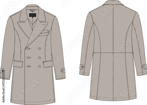 Double breasted overcoat flat sketch, fashion technical drawing, apparel design template, clothing vector illustration, front and back view, winter coat mockup