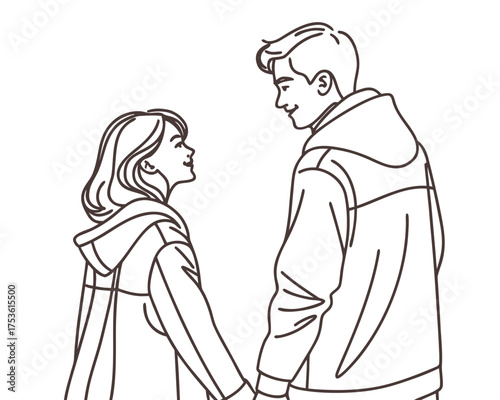 Line art illustration of a young couple holding hands looking at each other with love and wearing hoodies with a minimalist style and romantic mood