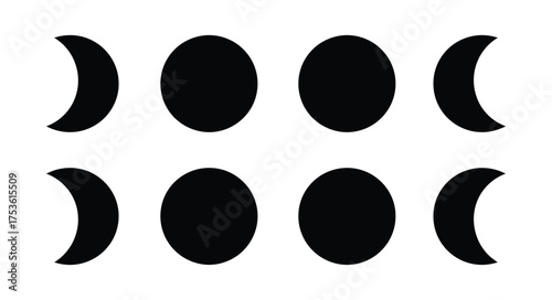 Black silhouette depictions of the various phases of the lunar cycle