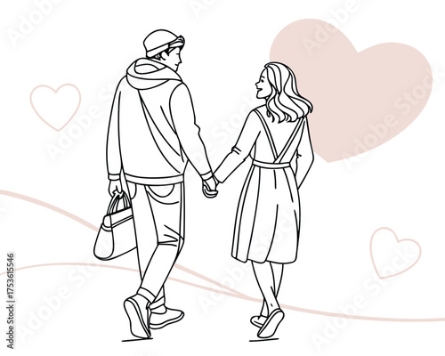Romantic Couple Walking Hand in Hand Sketch with Heart Background for Valentines Day and Love Concepts