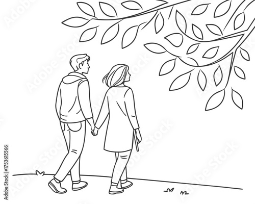Illustration of a couple holding hands walking beneath a tree in a park black and white sketch