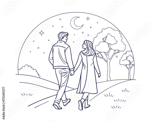 Romantic Couple Walking Under Moonlight Stars and Trees in Peaceful Landscape Illustration Style