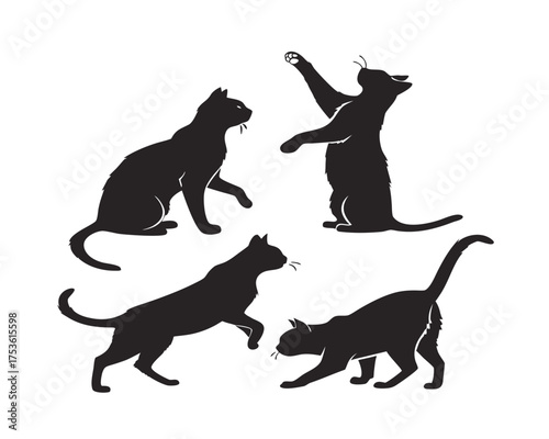 Black Cat Silhouette Collection Playful Feline Poses Pet Animal Illustration Domestic Cat Breed Isolated on White Background Different Cat Activities