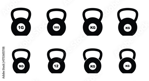 Black kettlebell icons with varying weights displayed in a grid pattern