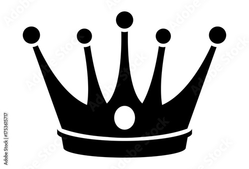 A black crown with a thick band and a single white jewel in the center Five pointed spires topped with orbs complete the royal design