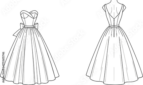 Formal dress flat sketch, evening gown template, sweetheart neckline design, off shoulder fashion illustration, ball gown vector, garment construction outline, couture mockup