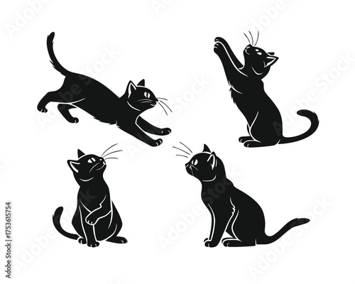 Silhouette of four black cats in different poses on a white background vector illustration featuring playful feline behavior and elegant minimalistic design