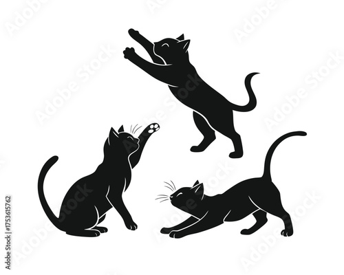 Three black cat silhouettes in playful poses against white background representing feline behavior and domestic animals