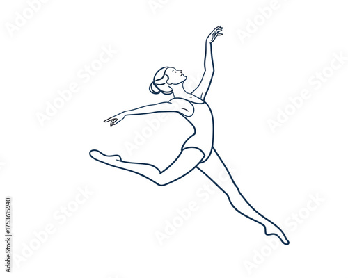 Elegant Ballerina in Leotard Leaping Gracefully Silhouette Line Art against White Background Ideal for Dance Education and Artistic Design Projects