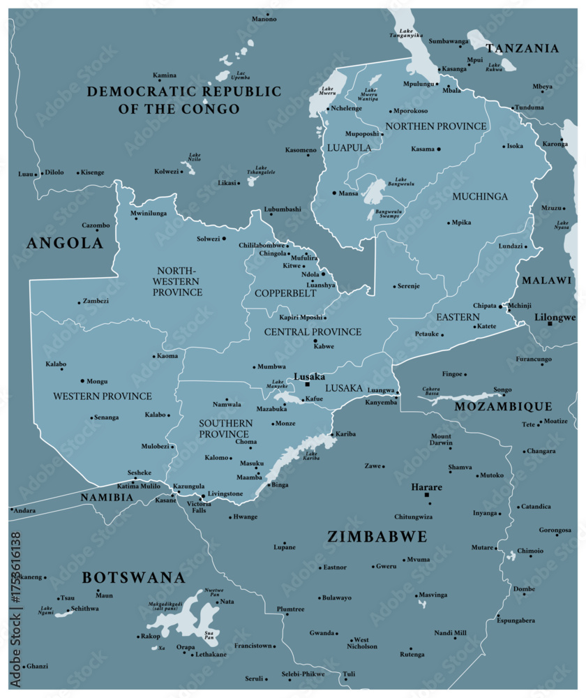 Fototapeta premium Zambia - detailed political map of the country with regions and major cities.