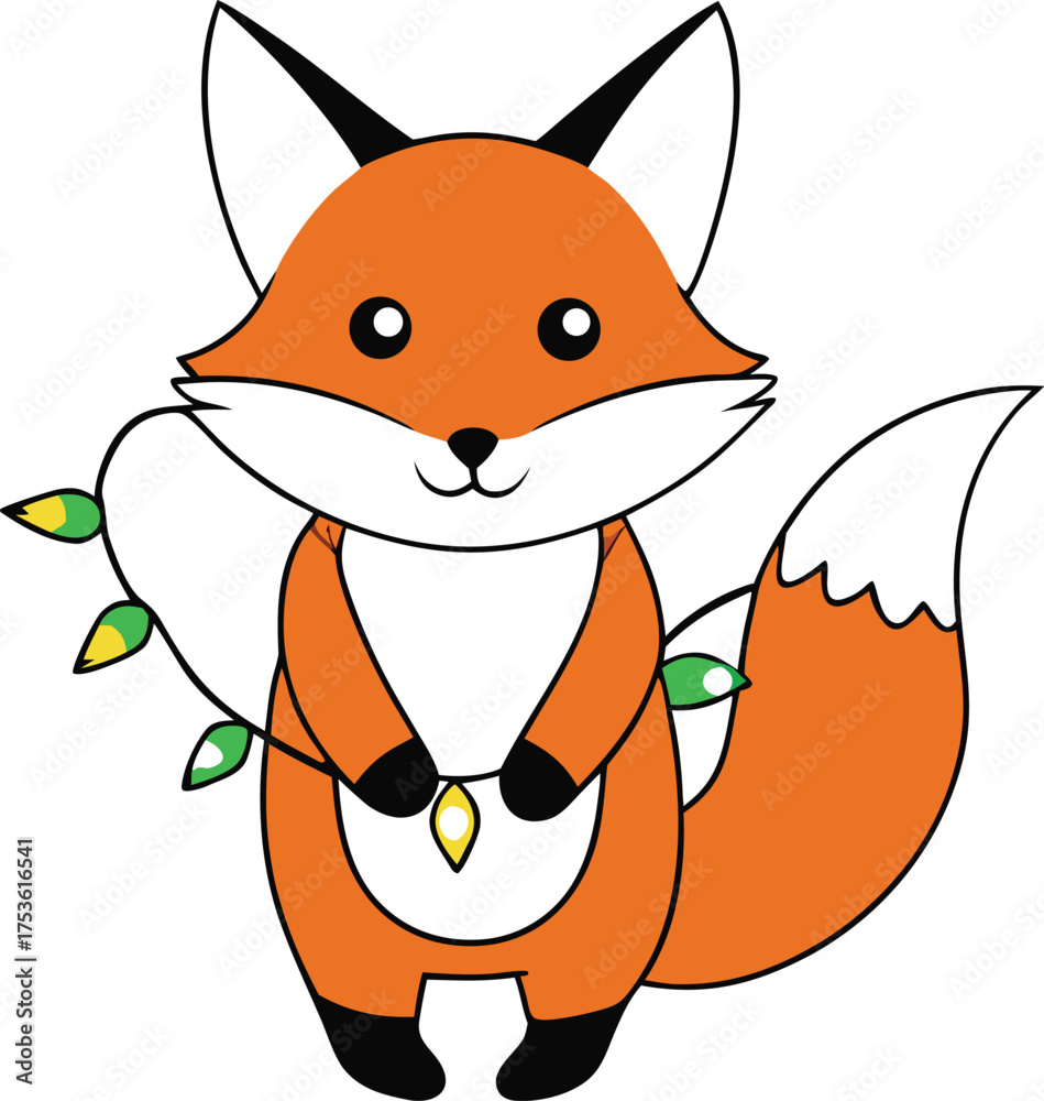 Obraz premium Charming Cartoon Fox with Festive String Lights Vector Illustration Isolated on Transparent Background
