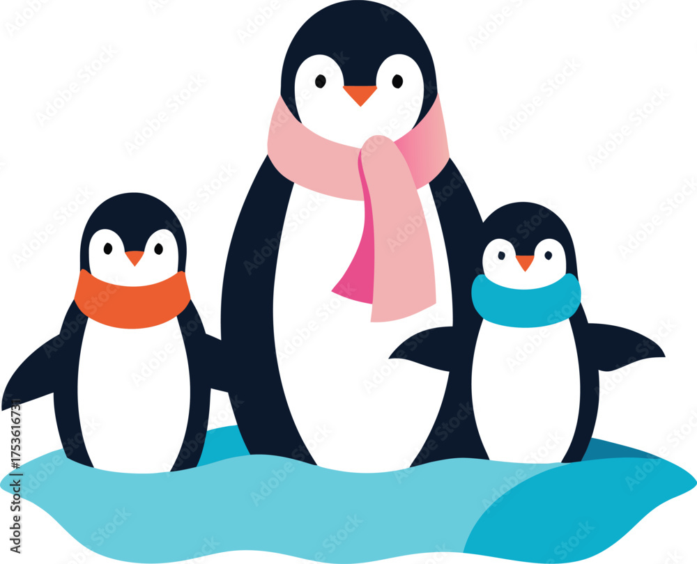 Obraz premium Penguin Family on Ice Floe Wearing Colorful Scarves Adorable Bird Characters Cartoon Illustration for Winter Season