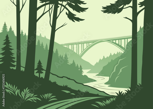 Portland Oregon forest and bridge minimal vector, trendy green color palette
