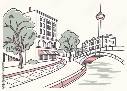 San Antonio Riverwalk vector in minimal travel design
