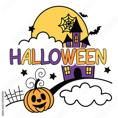 Spooky halloween scene with jack o lantern moon and haunted house vector