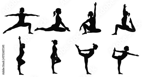 Silhouettes of women practicing various yoga poses in a sequence