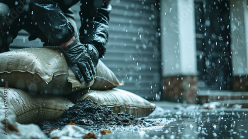 Close up of a person’s hands stacking heavy sandbags against a residential garage door for emergency flood protection during a heavy rainstorm