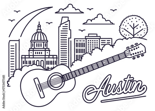 Austin Texas skyline line art with guitar silhouette, trendy minimal travel art
