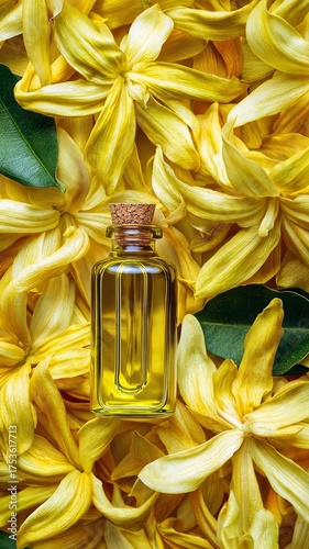 Ylang Ylang essential oil in a bottle. Selective focus. Nature.