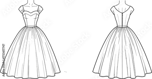 Vintage dress fashion illustration, sweetheart neckline, fitted bodice, short sleeves, tea length skirt, button back detail, elegant retro apparel sketch