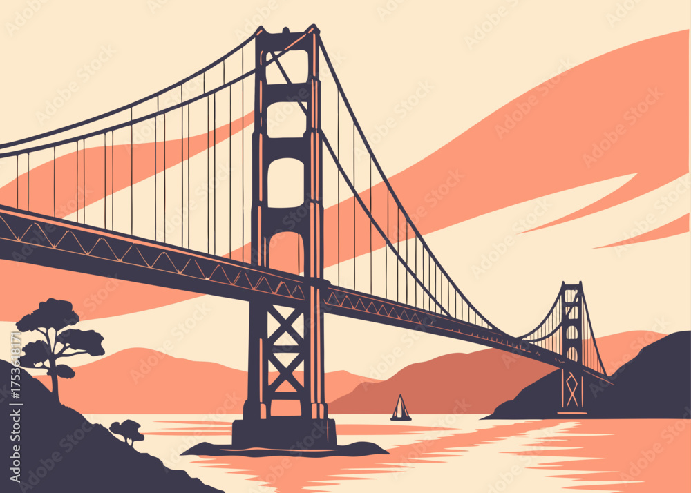 Obraz premium Golden Gate Bridge minimalist vector art in sunset orange tones, modern California travel illustration 