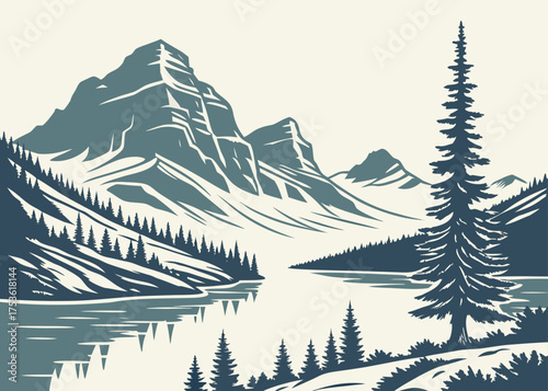 Glacier National Park mountain lake minimal vector, travel outdoor design

