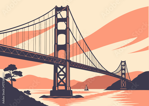 Golden Gate Bridge minimalist vector art in sunset orange tones, modern California travel illustration
